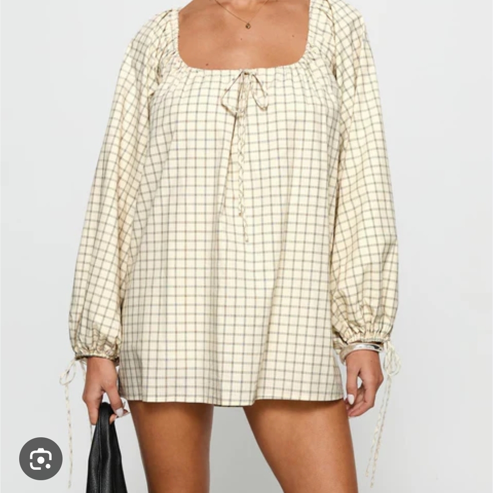 Princess Polly Cream Plaid Long Sleeve Mini Dress